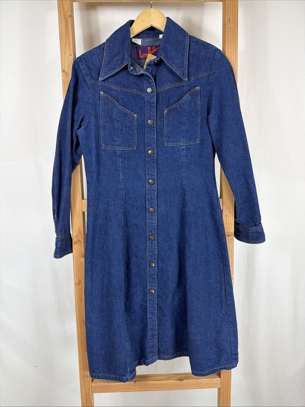 Vintage 70's Western Inspired Landlubber Blue Denim Snap Up Dress #1296 Size SM